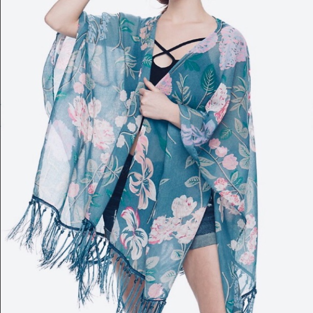 MUDD Fringed Kimono Blue Green Sheer Floral Topper